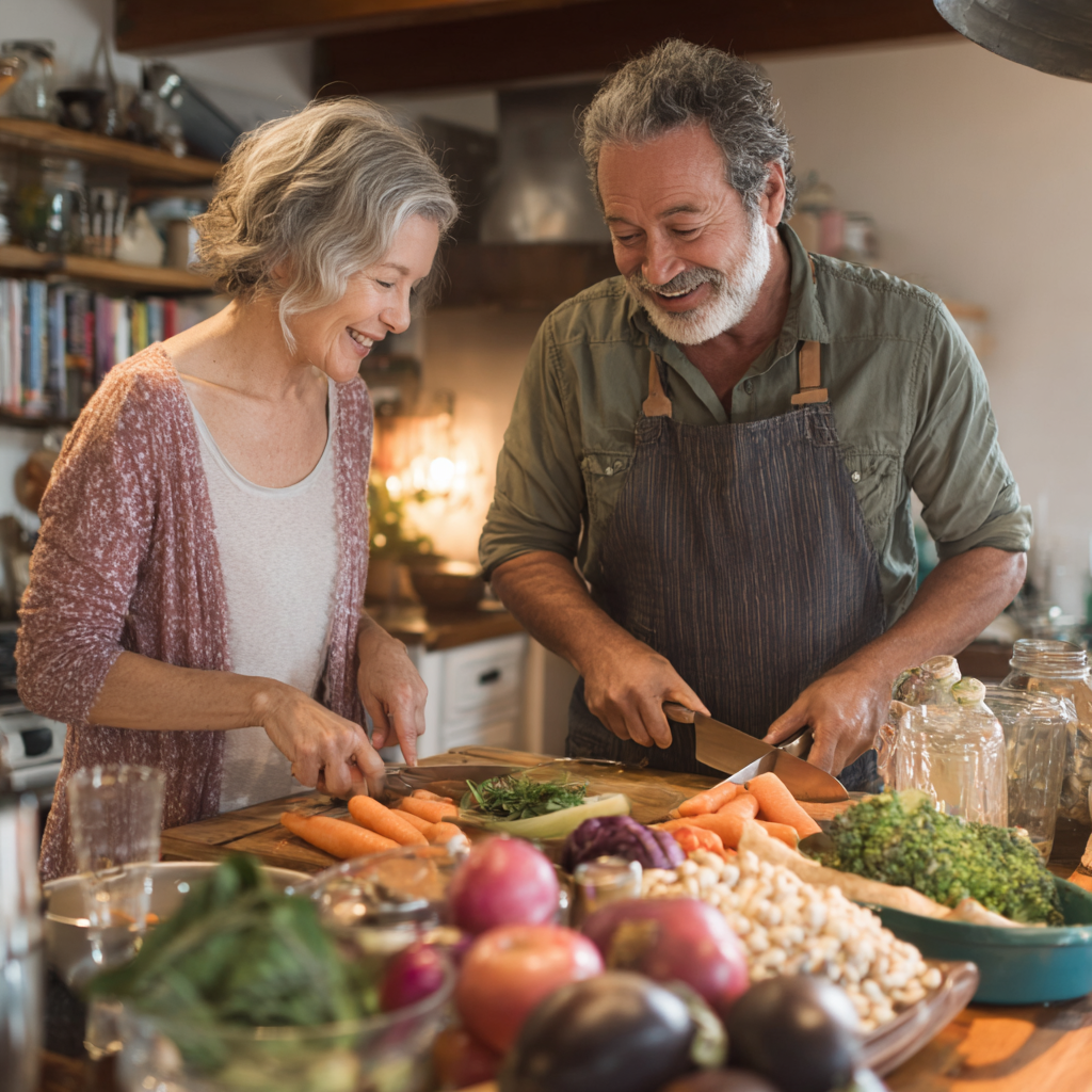 Middle-aged adults preparing nutritious meals rich in fiber