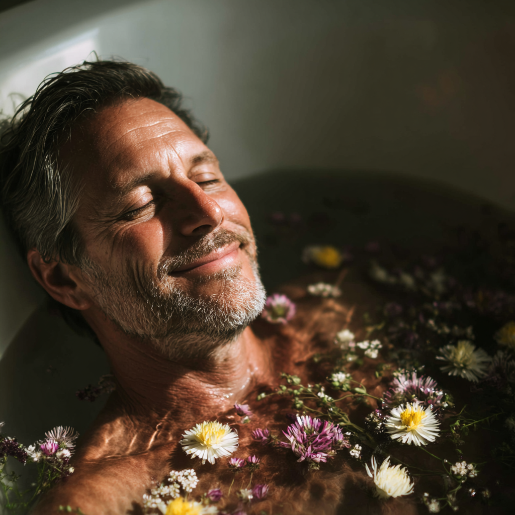 Middle-aged person enjoying herbal bath for wellness