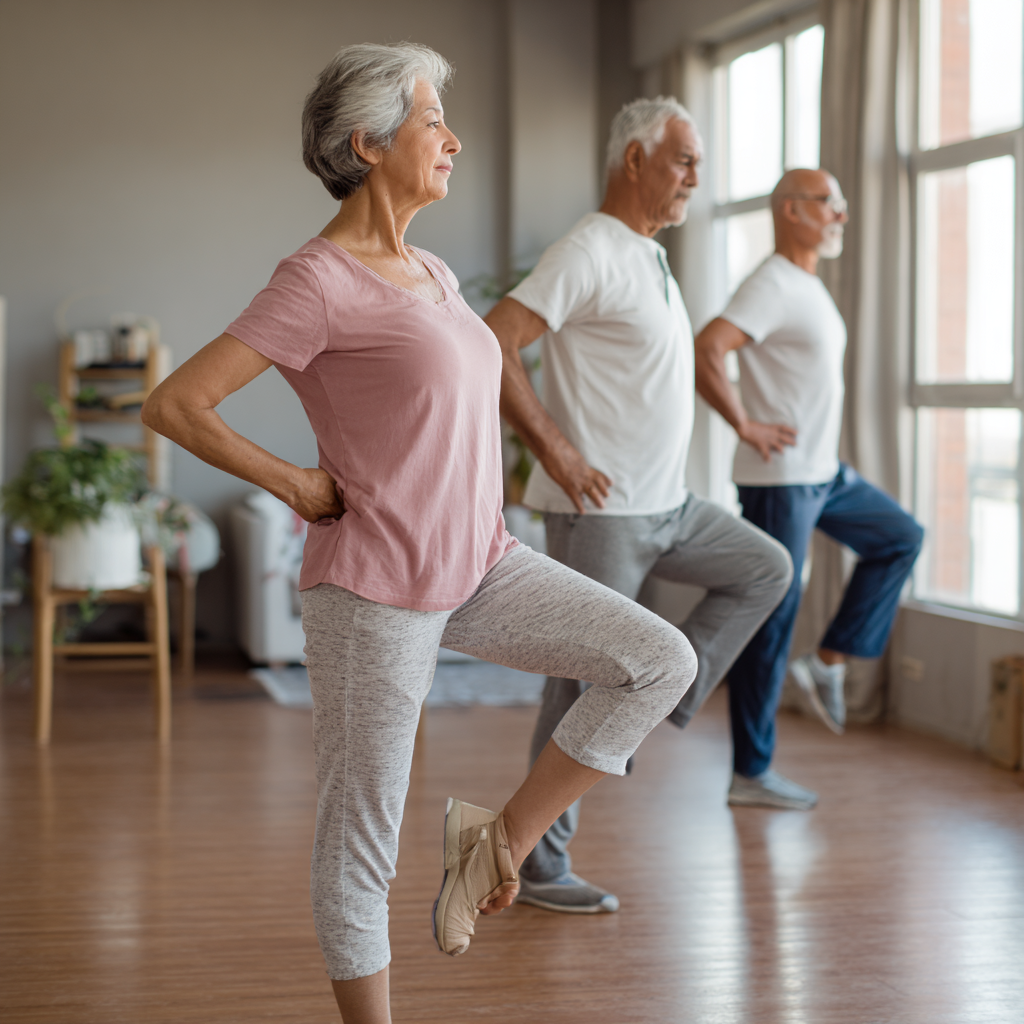 Older adults doing gentle leg exercises and stretching